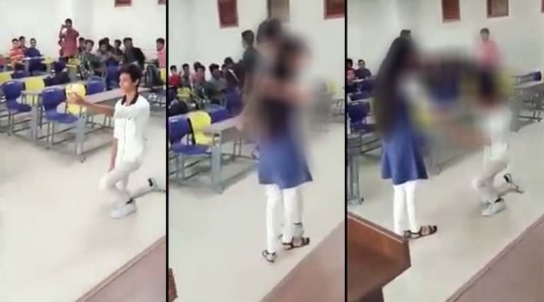 கல்லூரியில் நடக்கும் காதல் கூத்து! முத்தம் கொடுத்த மாணவன் – வீடியோ