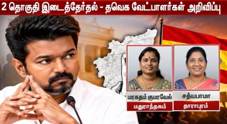 இடைத்தேர்தல் களம் சூடுபிடித்தது! மதுராந்தகம், தாராபுரத்தில் தவெக கூட்டணி வேட்பாளர்கள் அறிவிப்பு