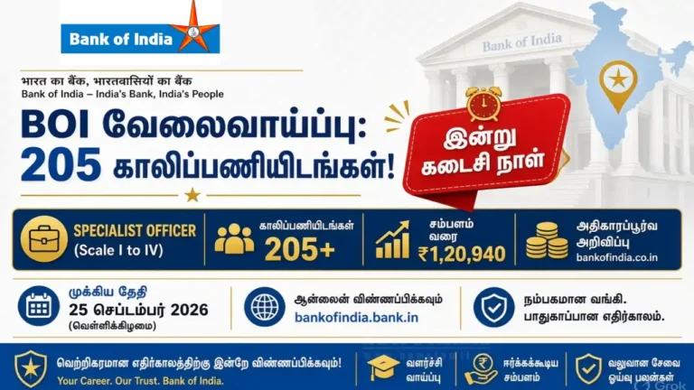 BOI வேலைவாய்ப்பு: 205 காலிப்பணியிடங்கள்! இன்று கடைசி நாள்
