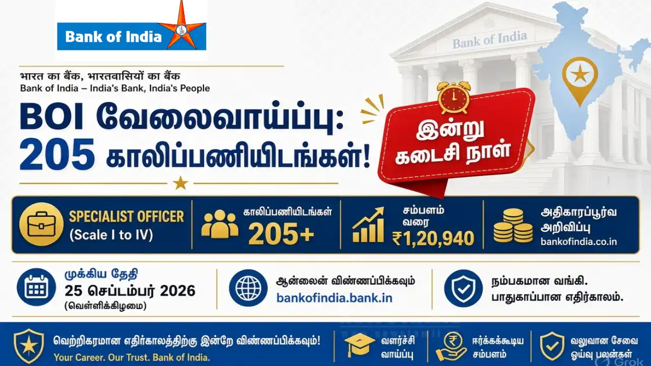 BOI வேலைவாய்ப்பு: 205 காலிப்பணியிடங்கள்! இன்று கடைசி நாள்