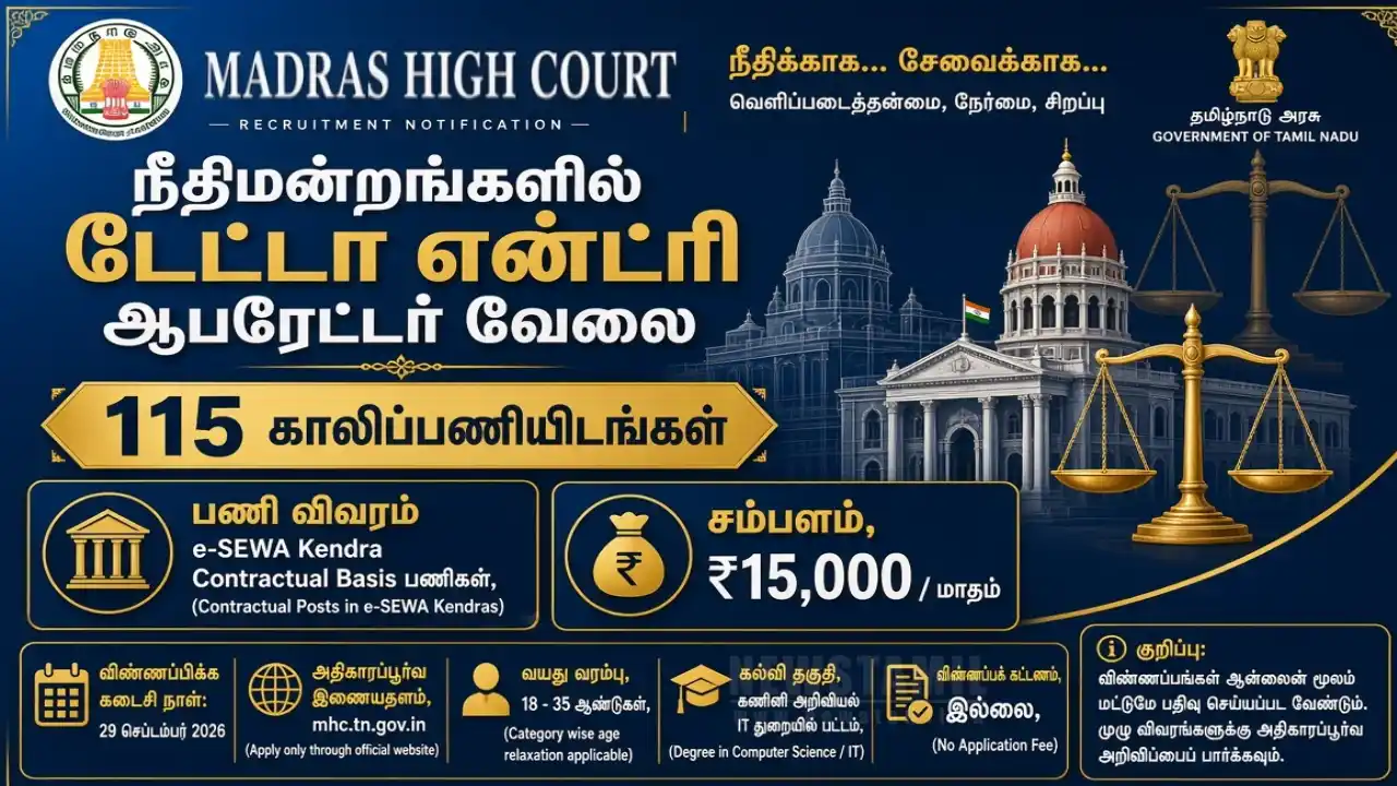 நீதிமன்றங்களில் டேட்டா என்ட்ரி ஆபரேட்டர் வேலை; 115 காலிப்பணியிடங்கள் – சம்பளம் எவ்வளவு தெரியுமா?