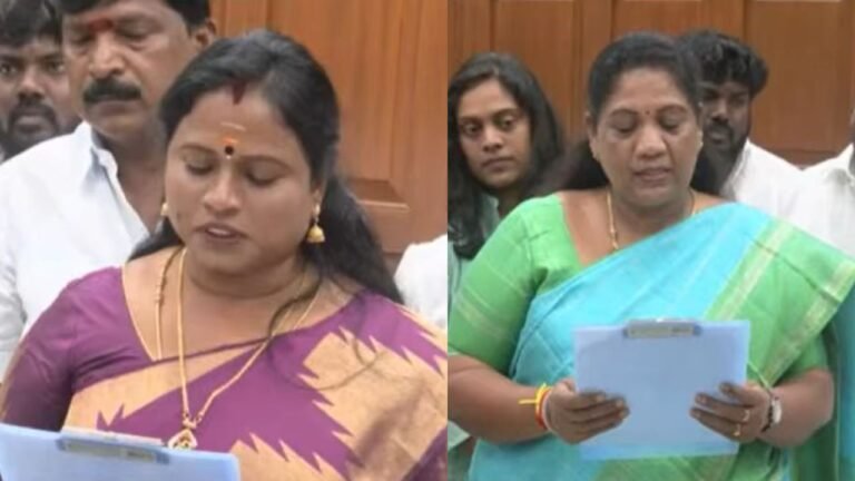 இடைத்தேர்தல் வெற்றி – மரகதம் குமரவேல், சத்தியபாமா தவெக எம்எல்ஏக்களாக பதவியேற்பு!